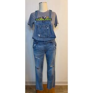 AERO Denim Overalls Distressed Straight Leg Medium Wash Womens M